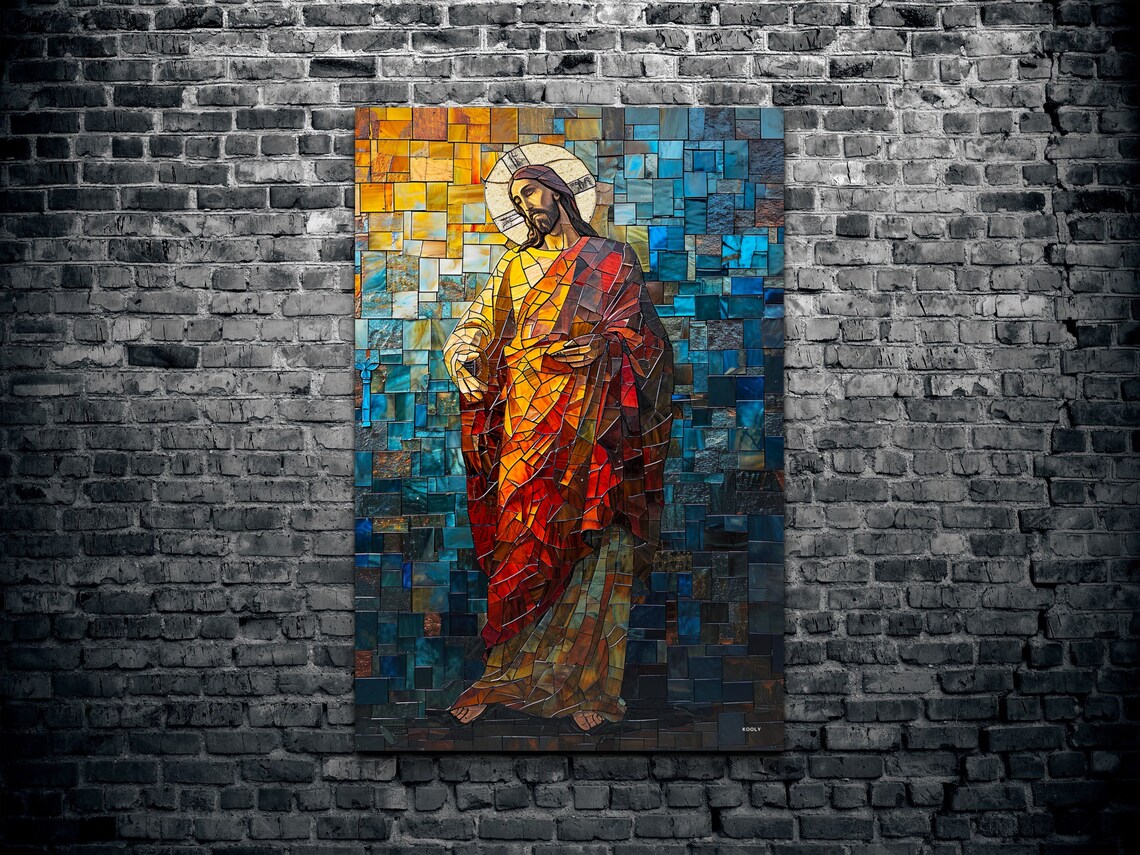 Jesus Christ Stained Glass Mosaic Portrait with a Golden Halo Poster - Image 2