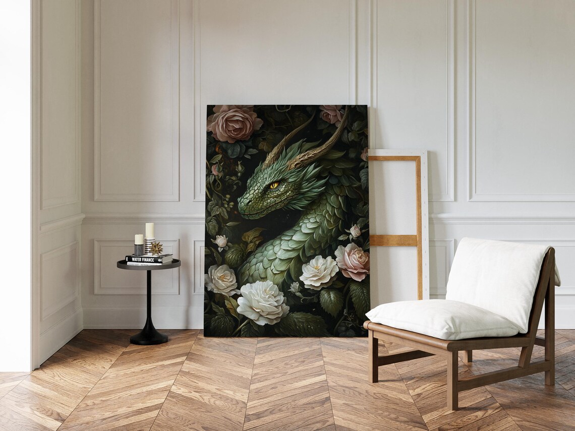 Emerald Dragon Coiled Among White Roses Golden Eye Mystical Fantasy Poster - Image 2