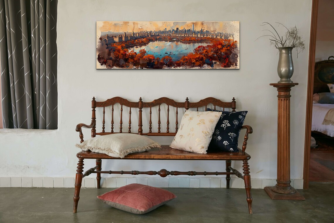 Central Park Lake Autumn Watercolor Skyline Panorama Wall Art - Image 5