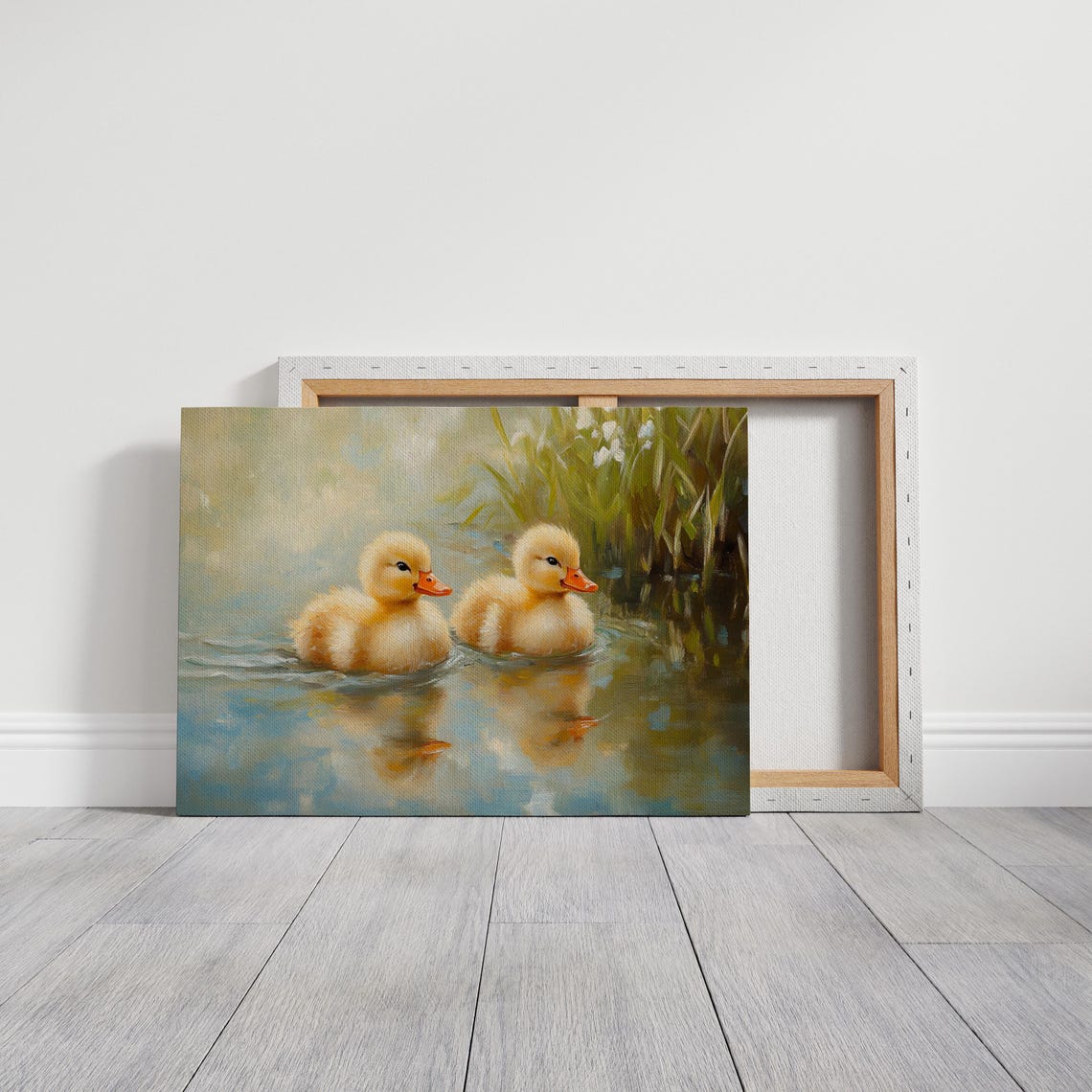 Two Yellow Ducklings Swimming In Pond With Reeds Cute Painting Poster - Image 3