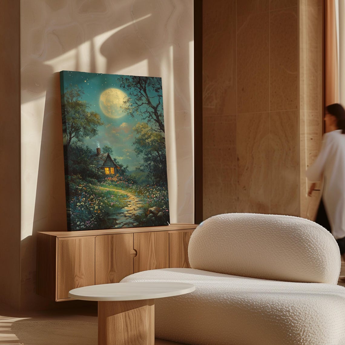 Woodland Cottage Full Moon Stone Path Meadow Flowers Night Poster - Image 5