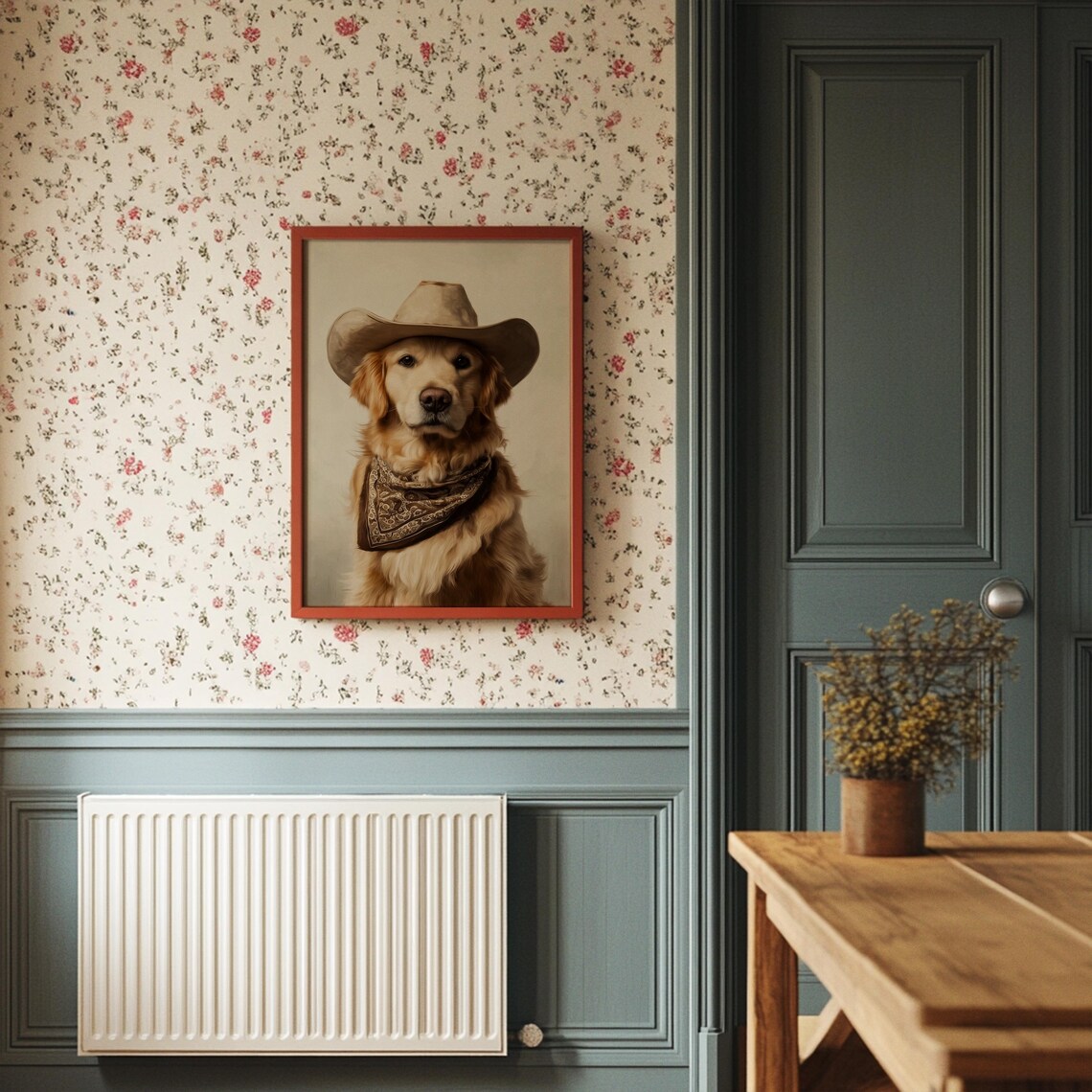 Golden Retriever In Cowboy Hat And Bandana Western Dog Portrait Poster