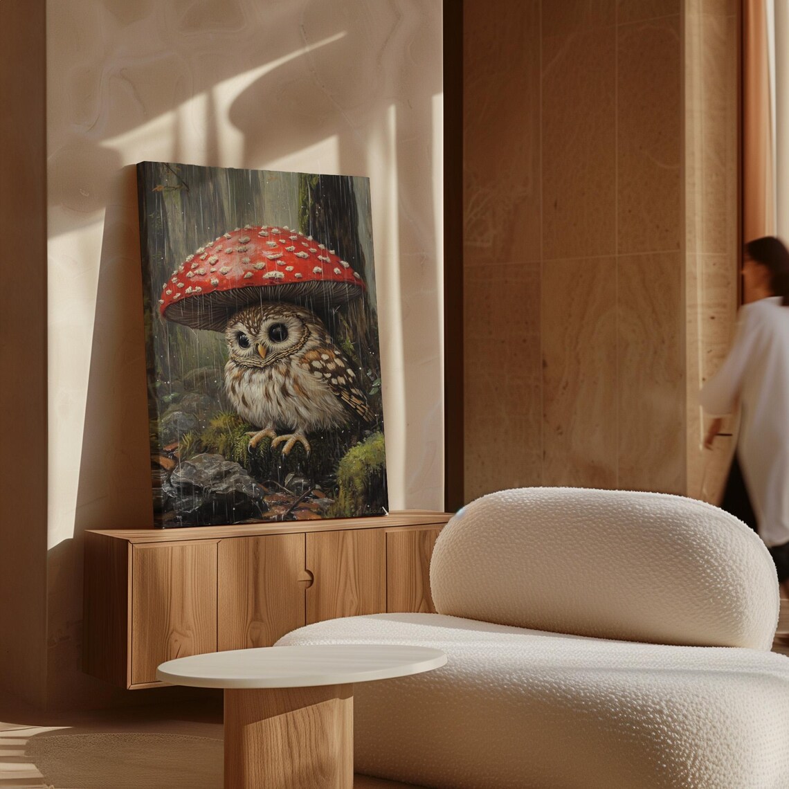 Adorable Owl Under Red Mushroom Rainy Forest Shelter Scene Poster - Image 6