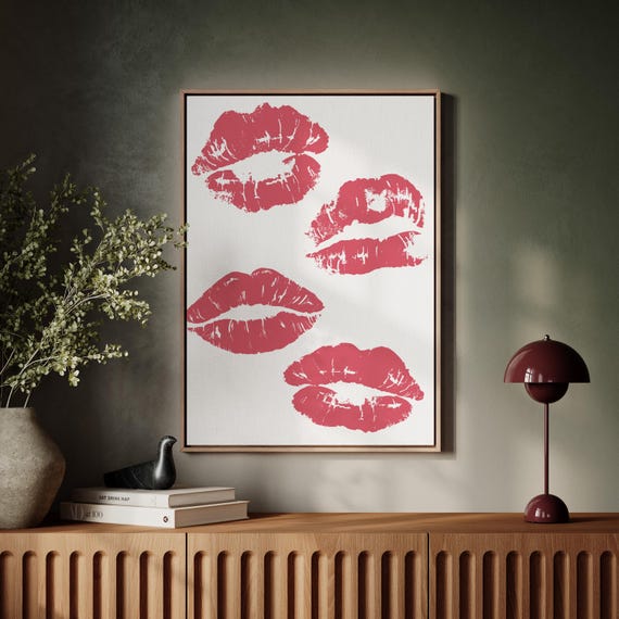 Pink Lipstick Kiss Marks Print Bold Modern Wall Art