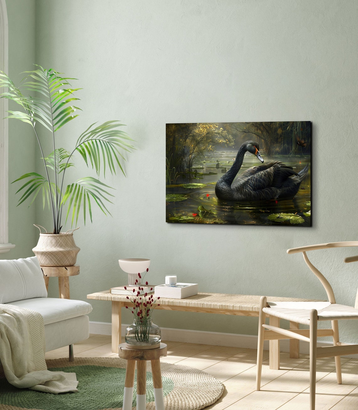 Serene Black Swan Gliding on Lily Pond Green Water Wildlife Poster - Image 7