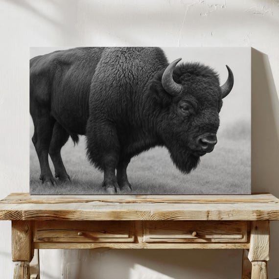 Majestic Bison Black And White Canvas Wall Art Rustic Western Wildlife Poster For Lodge Cabin Or Ranch Decor