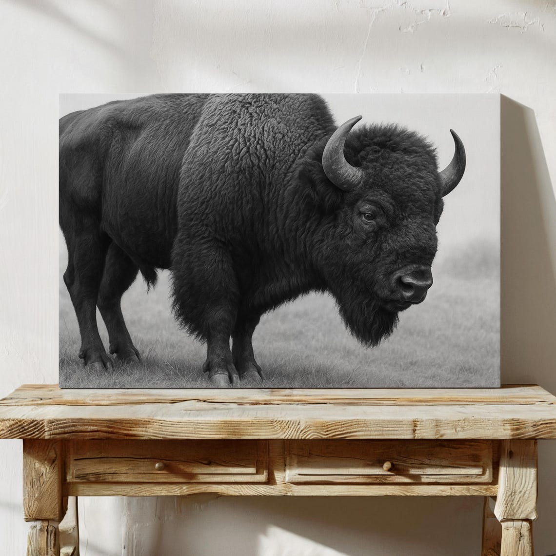 Majestic Bison Black And White Canvas Wall Art Rustic Western Wildlife Poster For Lodge Cabin Or Ranch Decor