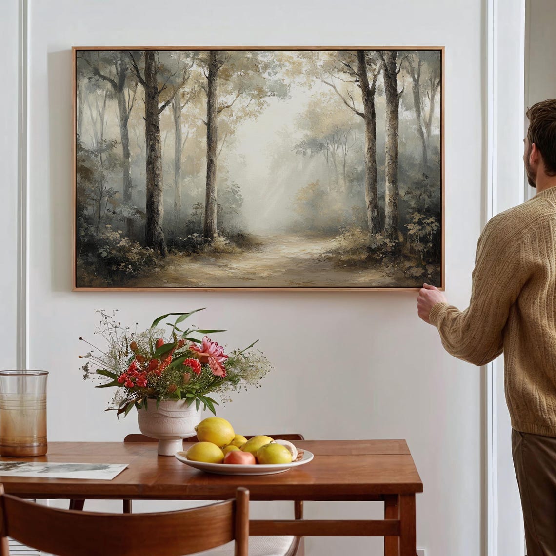 Serene Forest Path Wall Art Misty Trees In Morning Light Nature Inspired Tranquil Landscape