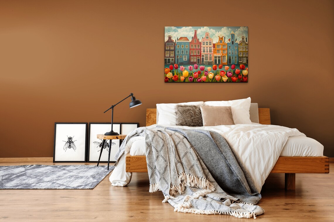 Amsterdam Canal Houses with Colorful Tulips Flower Painting Wall Art - Image 7