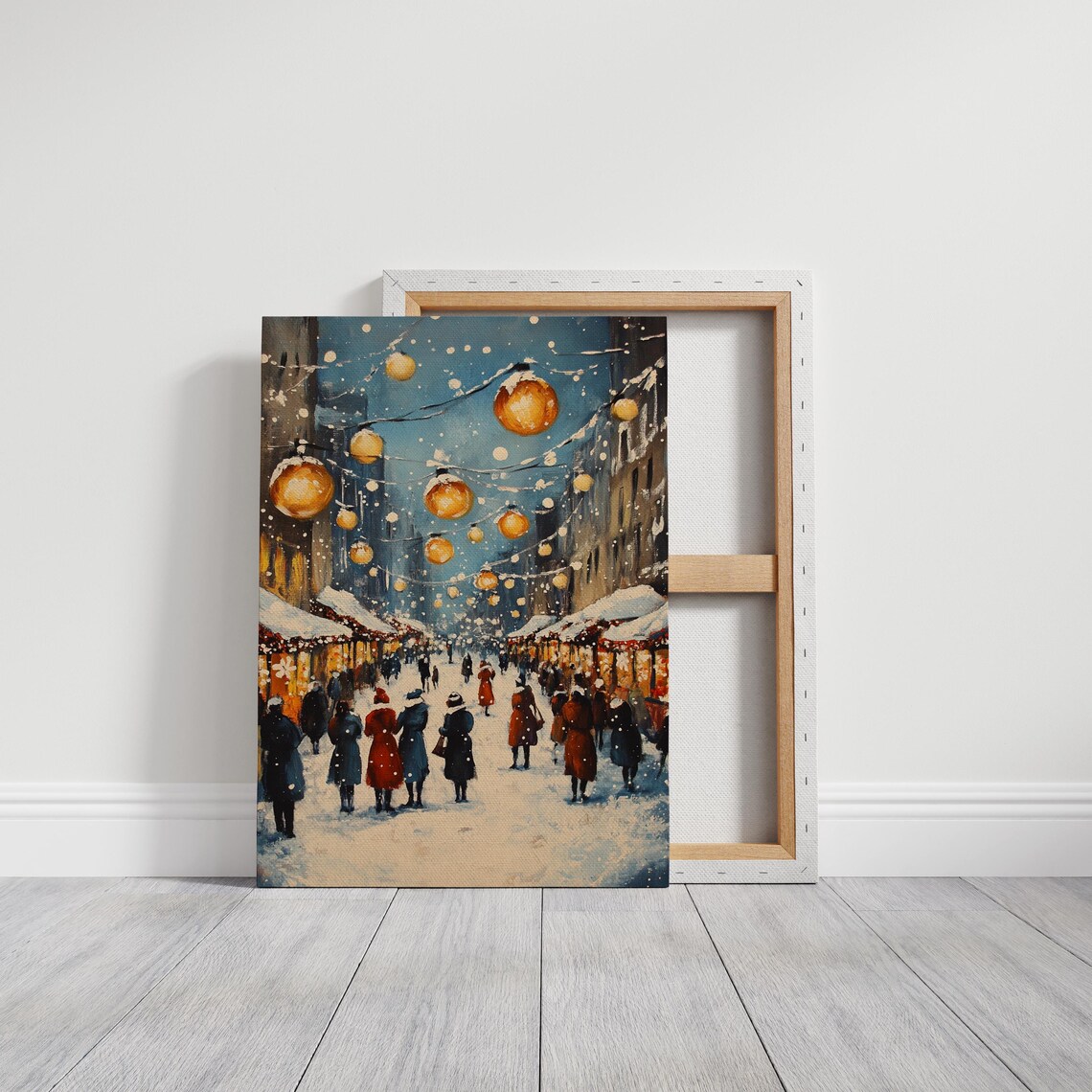 Charming Christmas Market Winter Scene Golden Lanterns Snowfall Poster - Image 3