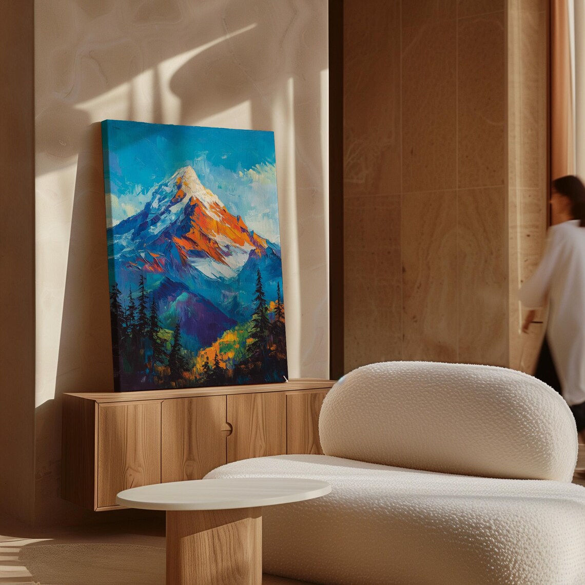 Bold Snowy Mountain Peak In Vivid Orange And Blue Abstract Art Poster - Image 4