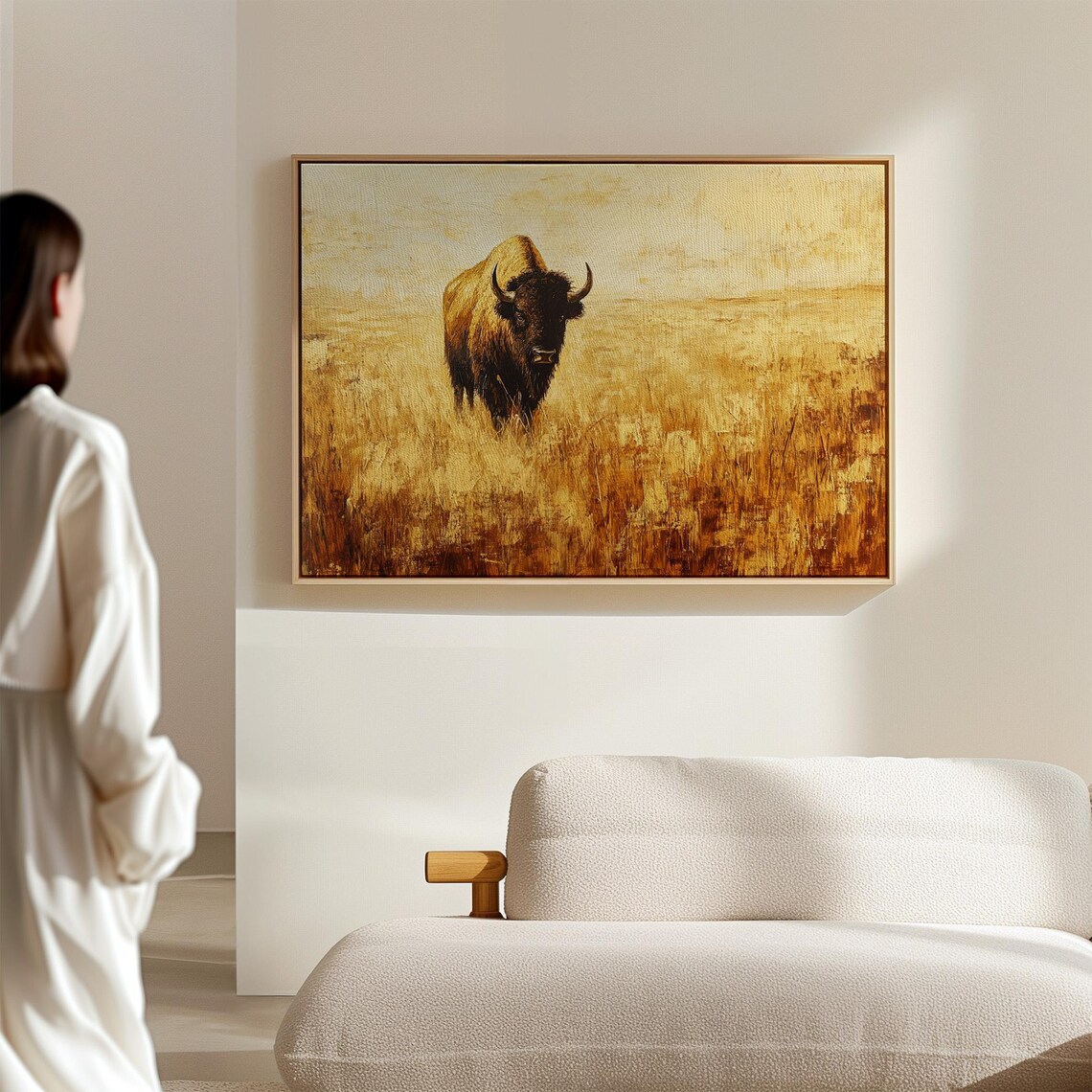 Buffalo In Golden Prairie Grass Western Wildlife Painting Poster - Image 2