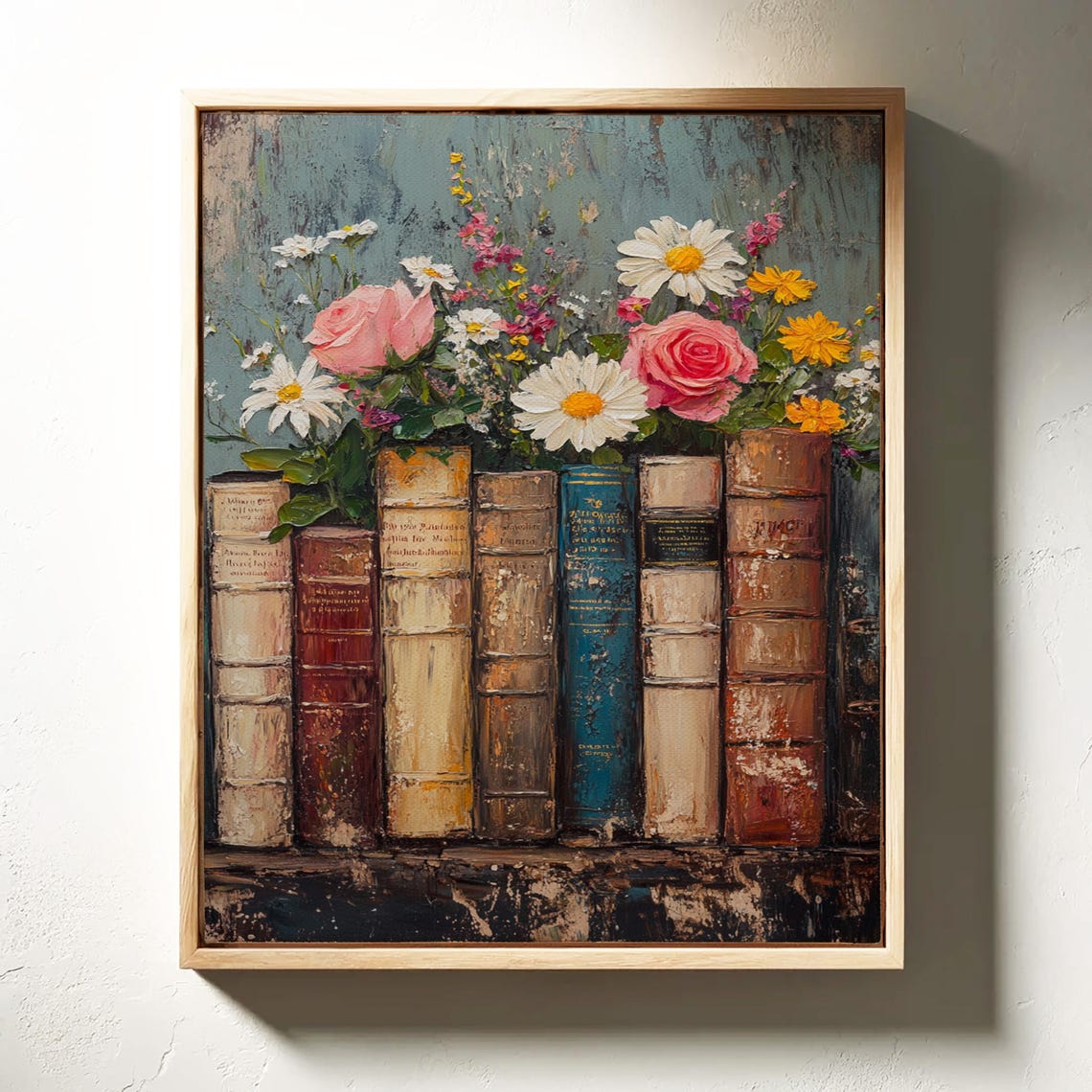 Vintage Floral Bookshelf Old Books With Daisies Rustic Poster - Image 3