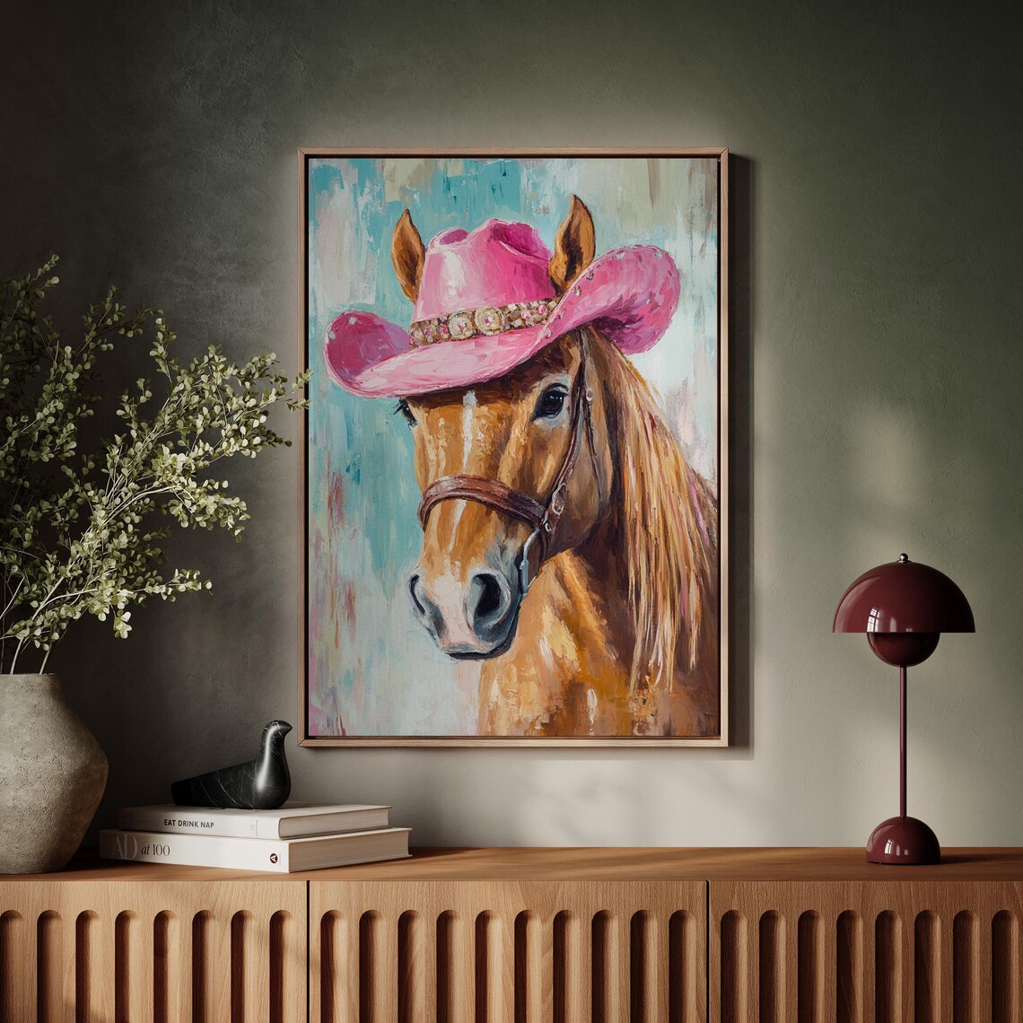Horse Wearing Pink Cowgirl Hat Rhinestone Band Western Portrait Poster - Image 5
