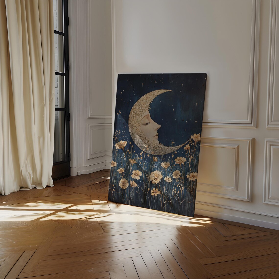 Crescent Moon With Floral Design, Dreamy Night Sky - Image 4