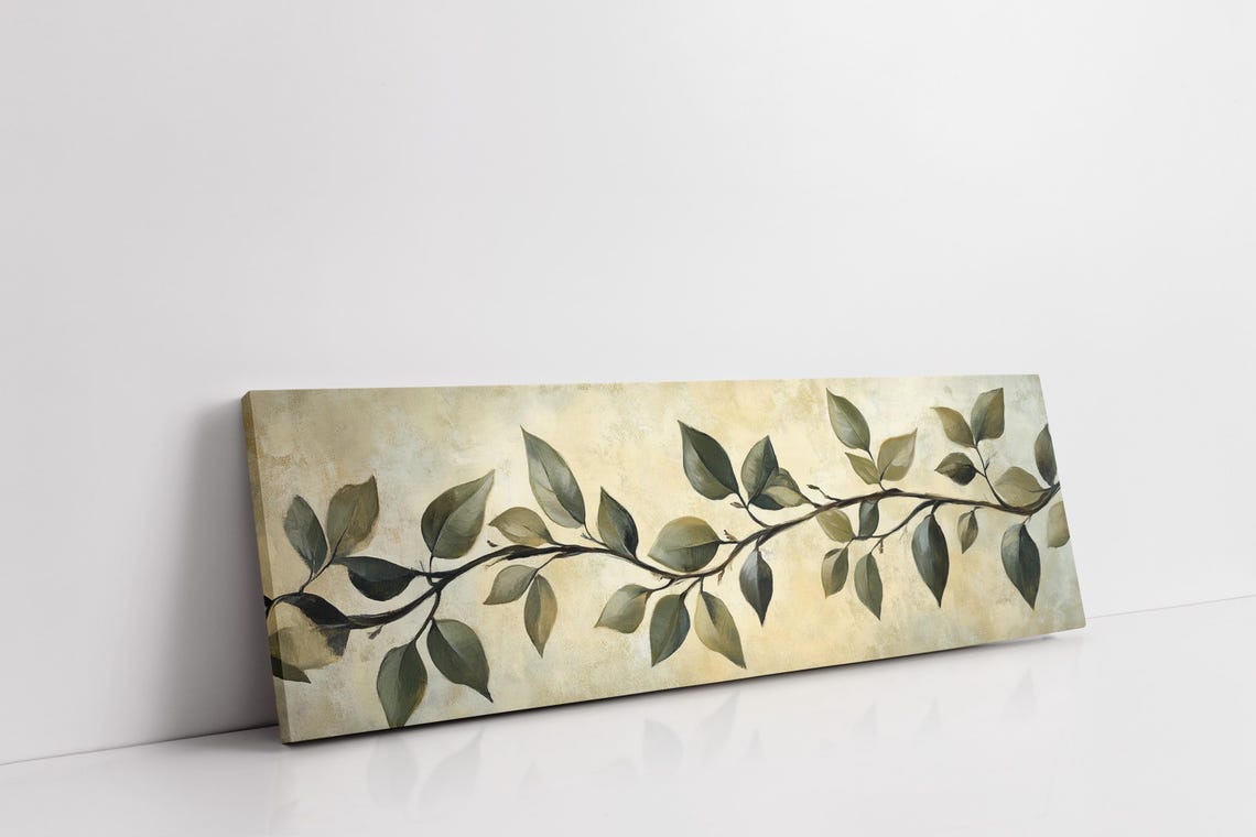 Elegant Leaf Branch On Cream Vintage Botanical Panoramic Wall Art - Image 2