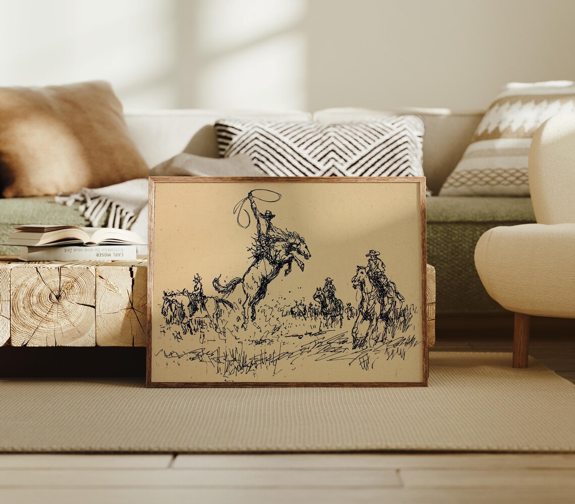 Cowboy Rodeo Riders Vintage Ink Sketch Print