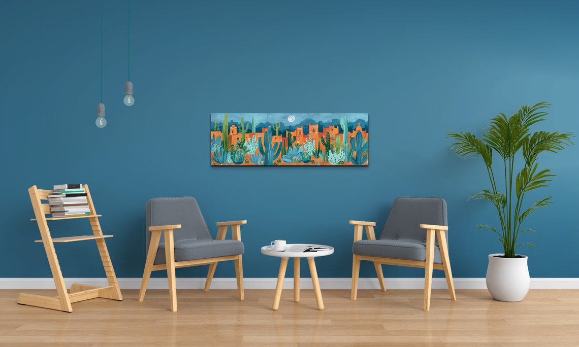 Southwest Desert Pueblo Saguaro Cacti Under Moonlit Folk Art Poster - Image 7