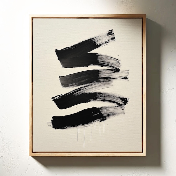 Abstract Brushstroke Wall Art Minimalist Black And White Canvas Painting