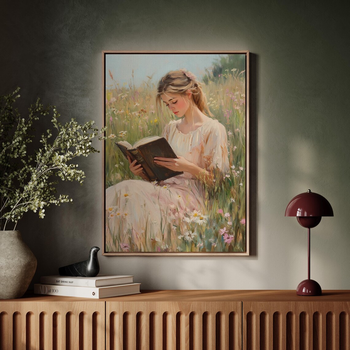 Blonde Woman Reading Book in Sunny Meadow Floral Cottagecore Poster - Image 6
