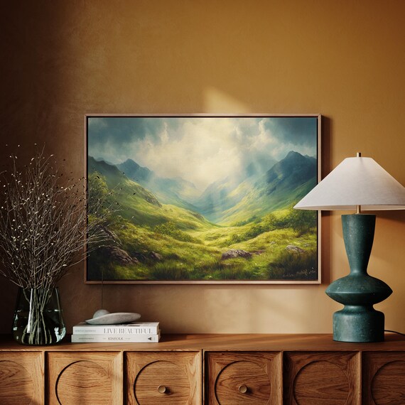 Serene Mountain Valley Landscape Lush Green Highlands Nature Inspired Wall Art Peaceful Scenic View Home Decor