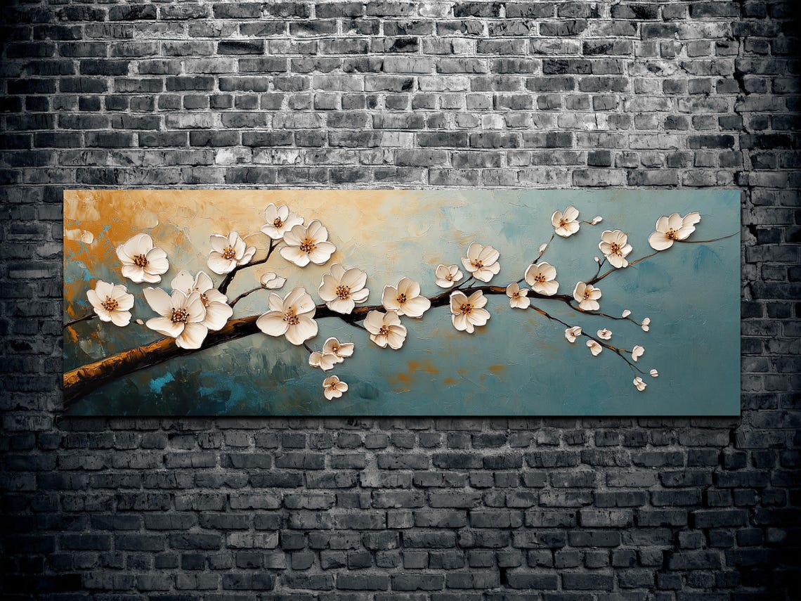 Golden Teal Cherry Blossom Branch Textured Panoramic Art Poster - Image 2