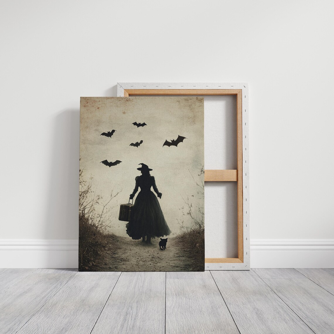 Vintage Witch Silhouette With Suitcase Black Cat Bats Halloween Poster - Image 3
