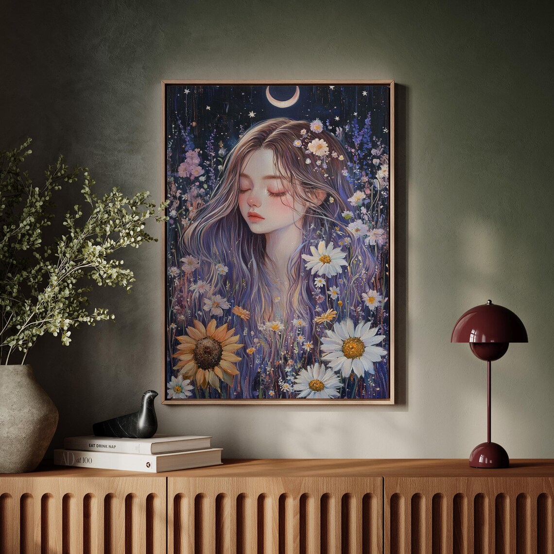 Dreamy Floral Portrait Woman Under Moonlit Sky - Image 7