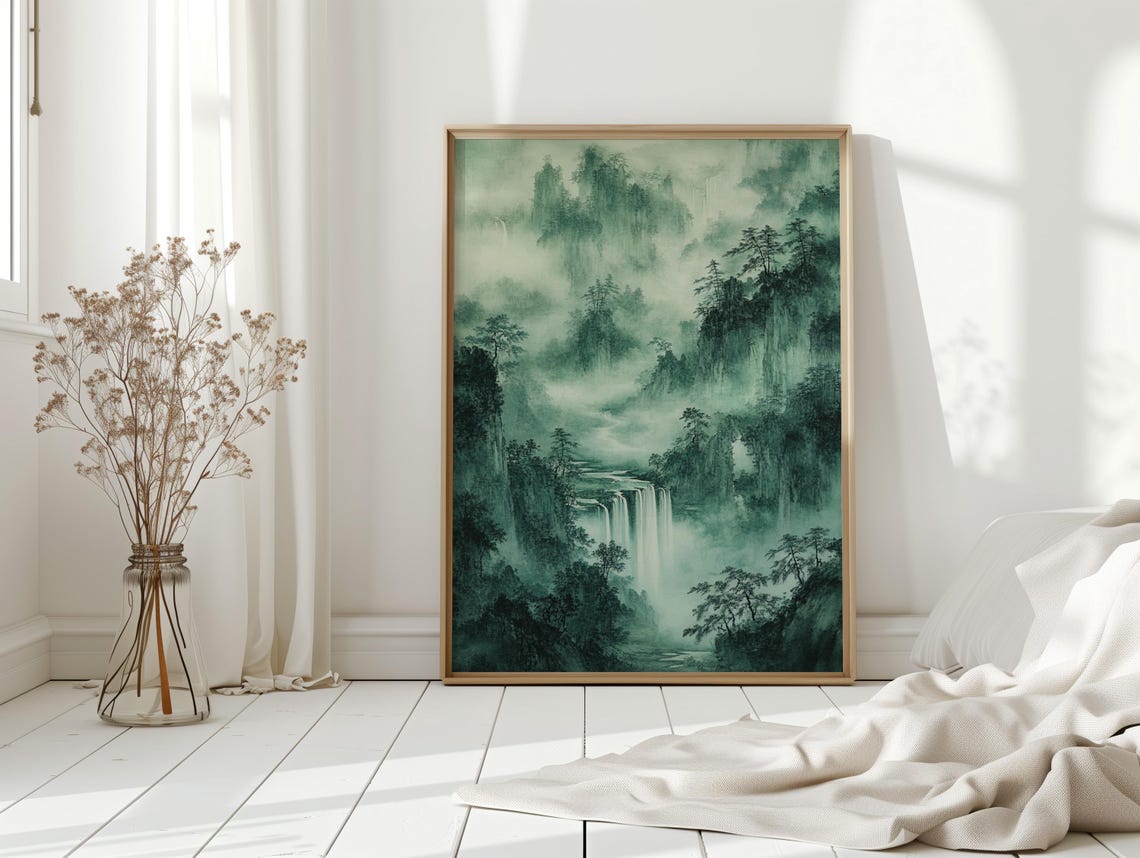 Misty Green Mountain Waterfall Chinese Ink Wash Forest Poster - Image 3