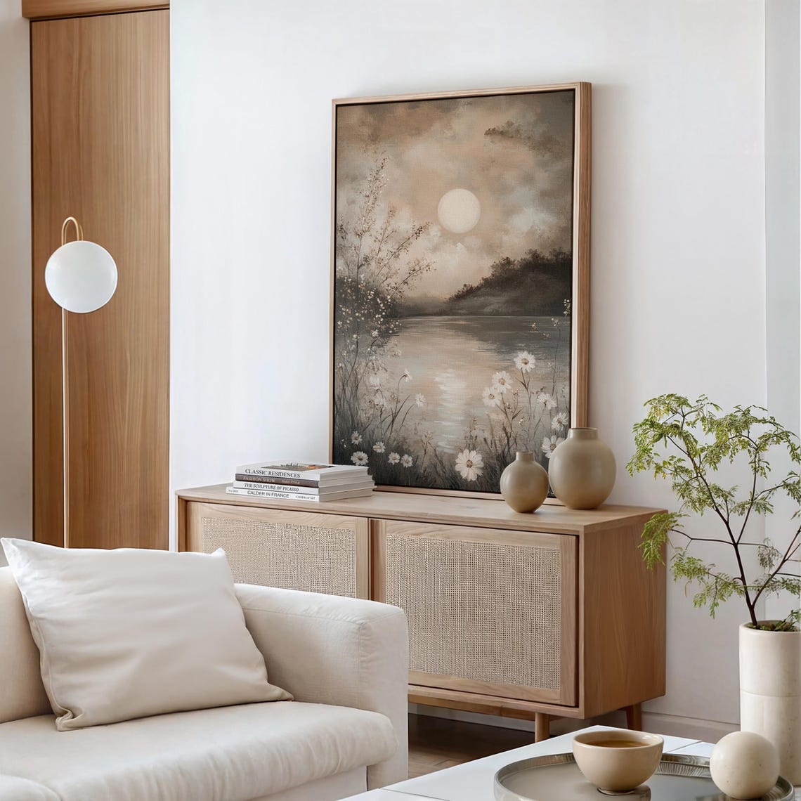 Moonlit Lake White Wildflowers Soft Neutral Reflective Waters Poster - Image 4