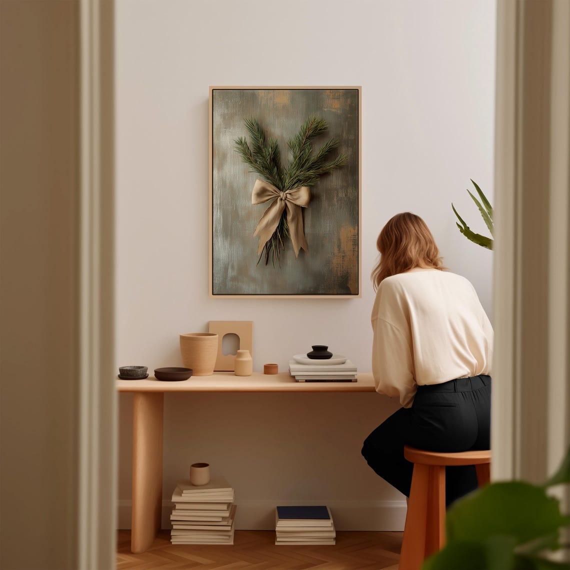 Pine Branch with Beige Satin Bow Rustic Holiday Wall Decor Poster - Image 2
