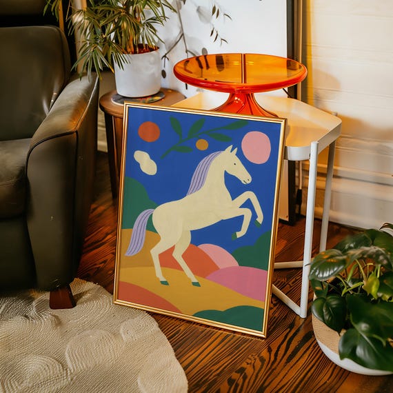 Colorful White Horse Art Bold Modern Abstract Equine Canvas With Vibrant Hills And Sky