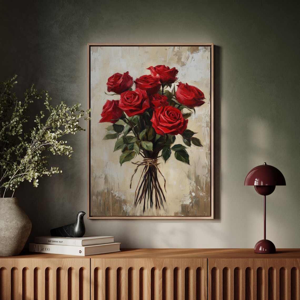Red Roses Bouquet Oil Painting on Textured Beige Canvas Art Print - Image 5