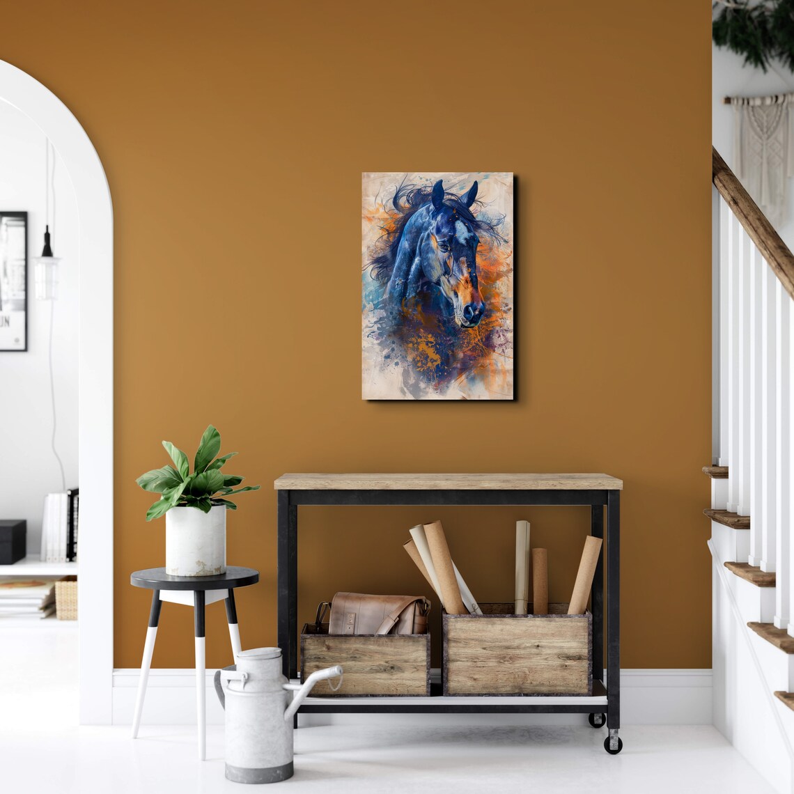 Dark Horse Profile in Watercolor Splatter on Cream Art Poster - Image 5