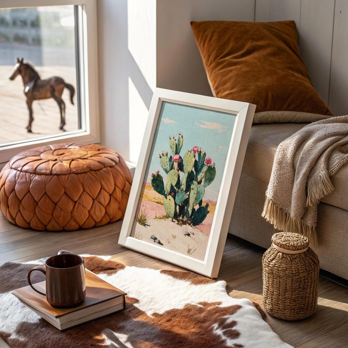 Blooming Prickly Pear Cactus Desert Landscape Painting Poster