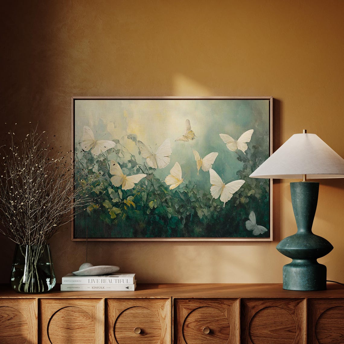 White Butterflies Rising Over Green Foliage Textured Art Poster - Image 6