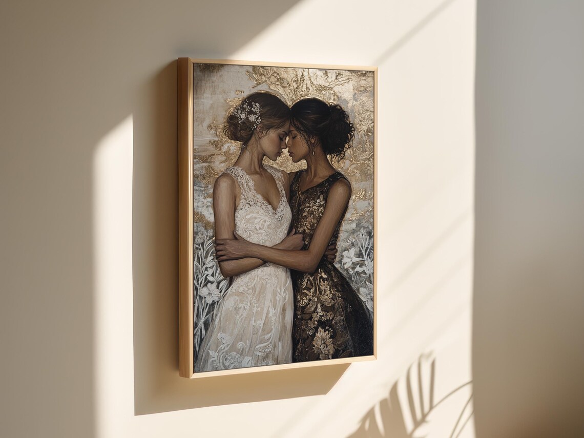 Golden Embrace Two Women Lace Dresses Intimate Elegant Romance Art Poster