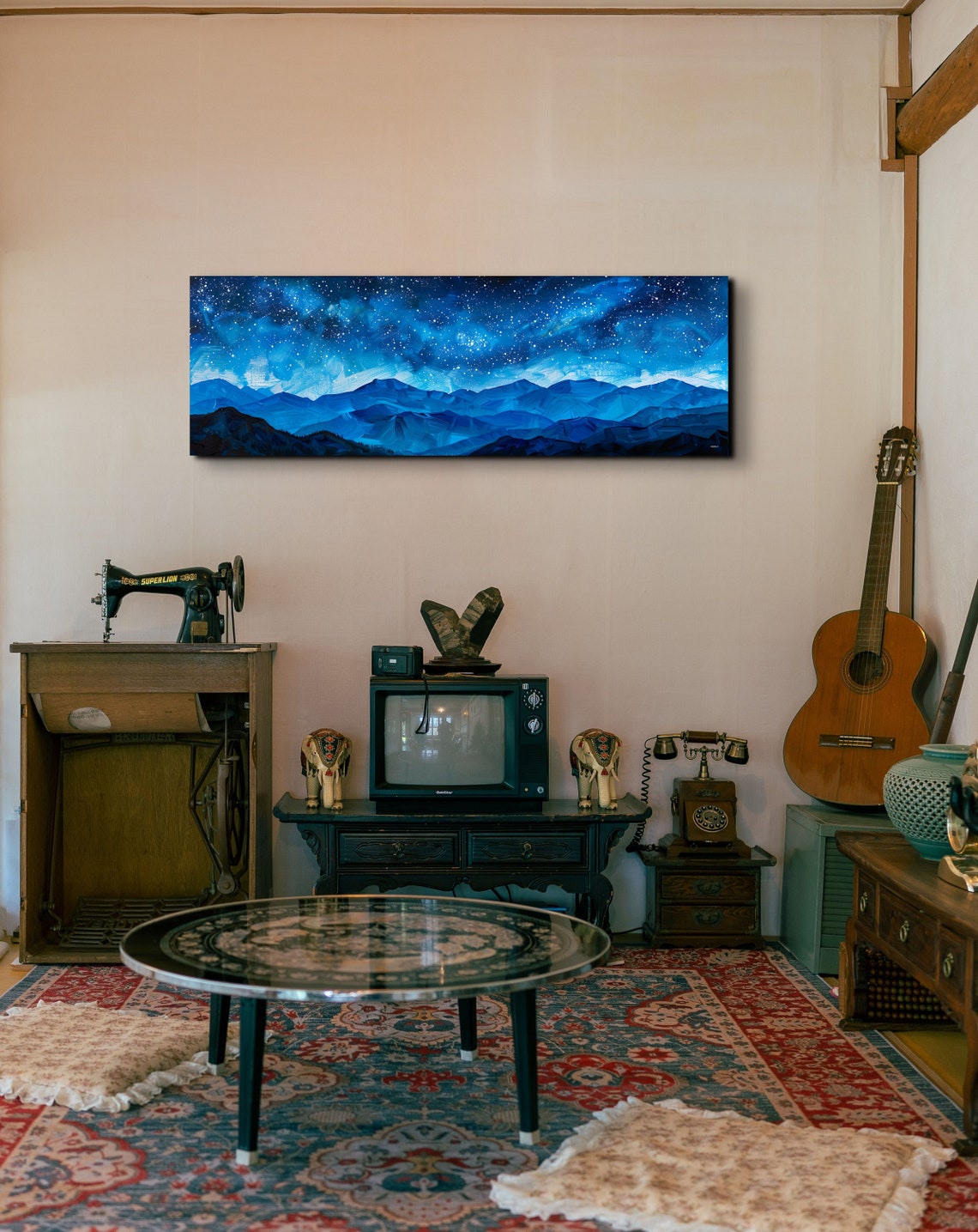 Starry Night Mountain Ridges Deep Blue Impasto Panoramic Art Poster - Image 4