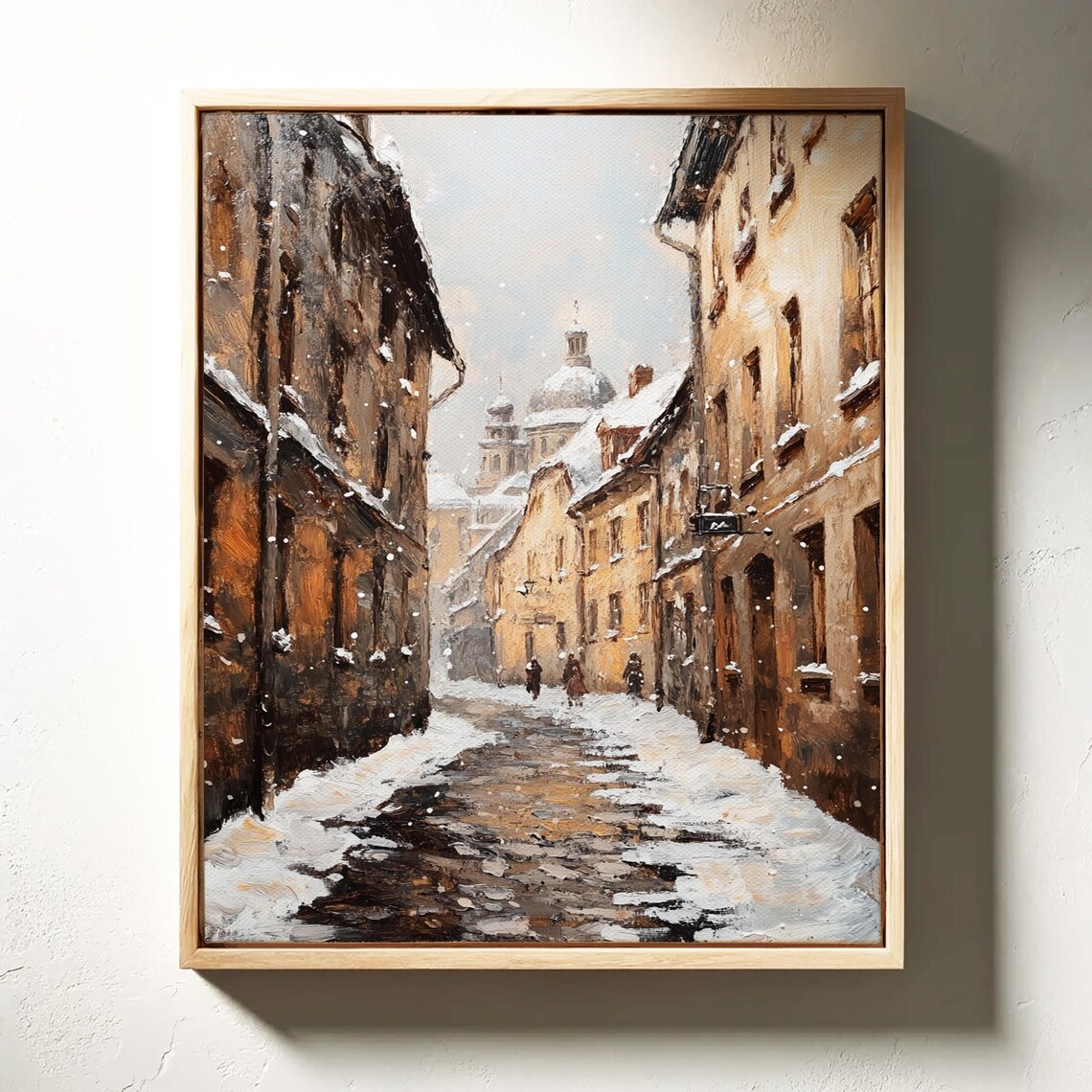 Snowy European Old Town Street in Winter Oil Painting Poster - Image 4