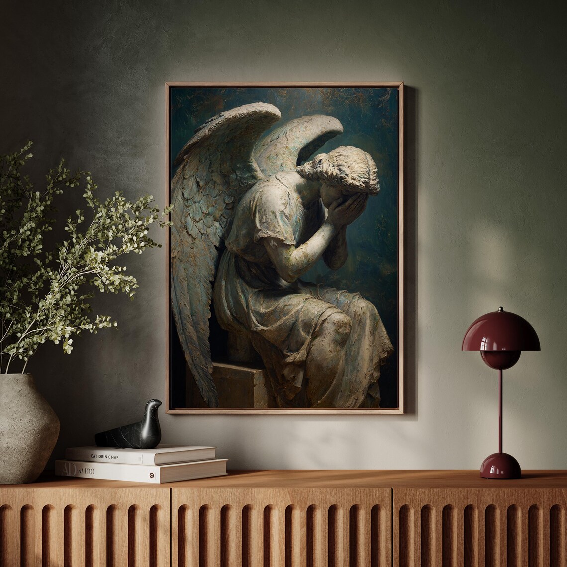 Weeping Angel Statue Gothic Cemetery Sculpture Stone Wings Dark Wall Art