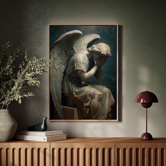 Weeping Angel Statue Gothic Cemetery Sculpture Stone Wings Dark Wall Art