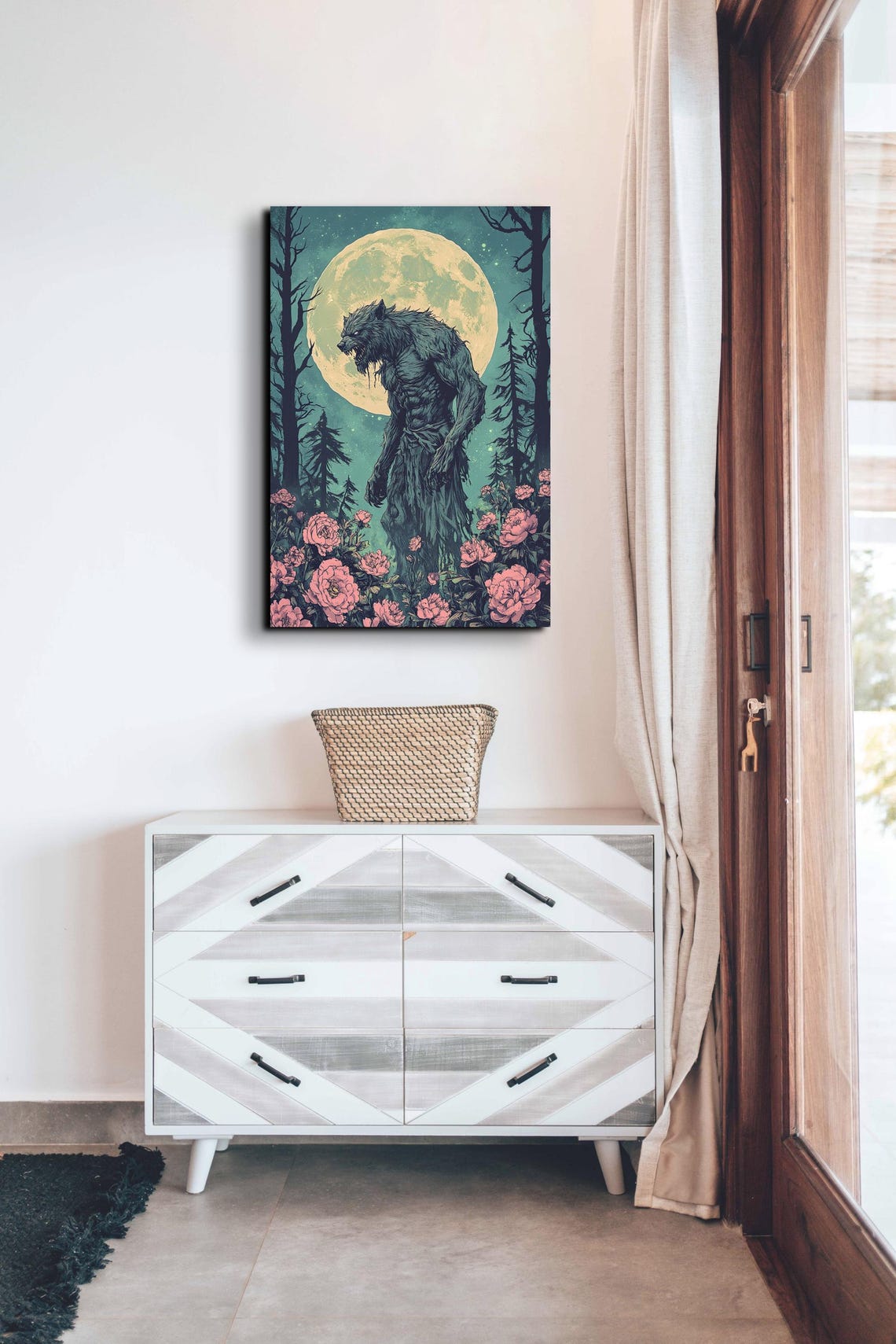 Werewolf Standing Among Moonlit Roses Full Moon Horror Art Poster - Image 3