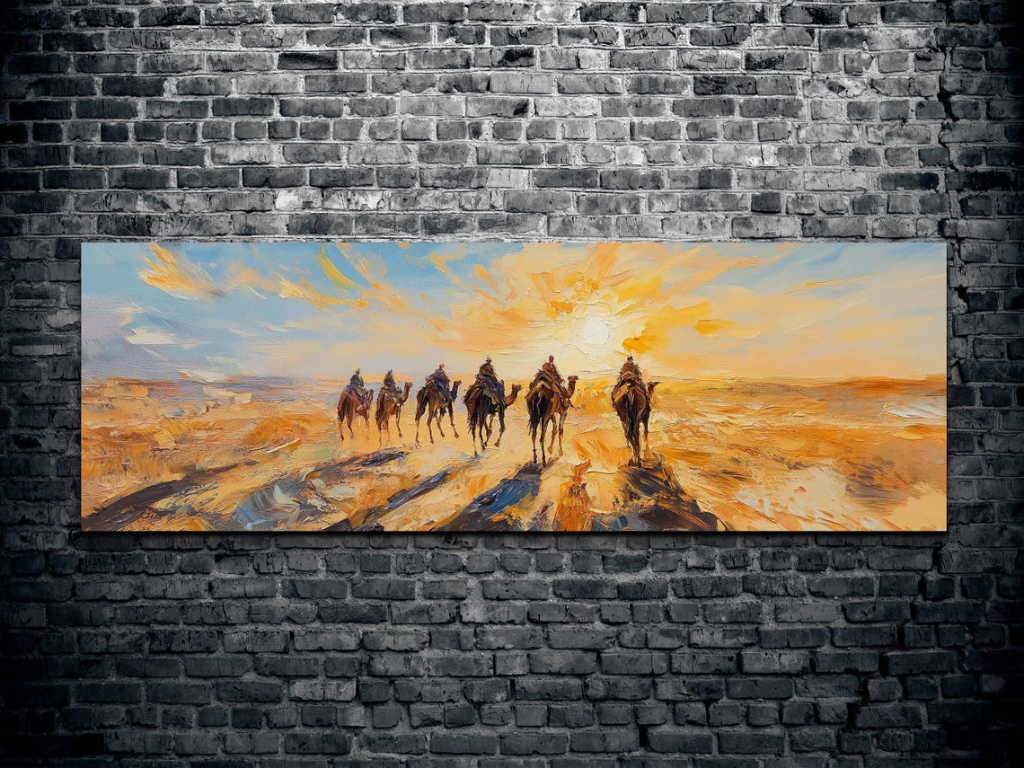 Camel Caravan Crossing Desert Sunset Golden Dunes Panoramic Poster - Image 2