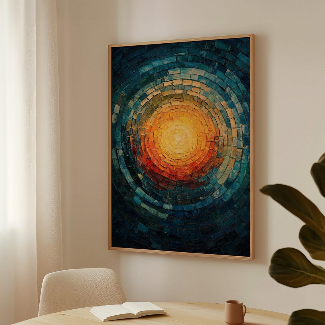 Vibrant Abstract Mosaic Warm Cool Tones Textured Geometric Wall Art Modern Sunburst Painting - Image 4
