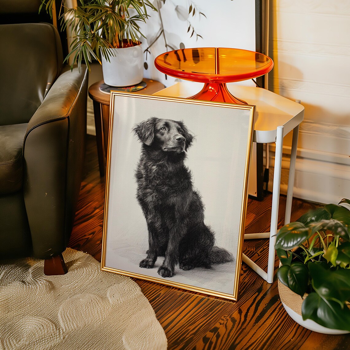 Black Dog Realistic Pen and Ink Sketch Detailed Canine Portrait Poster