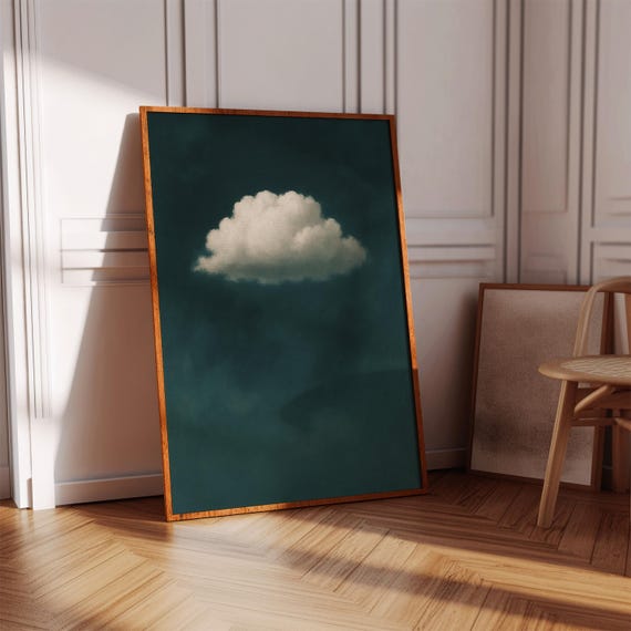 Minimalist Cloud Canvas Wall Art Single White On Teal Sky Dreamy Surreal Modern Print For Bedroom Or Office Decor