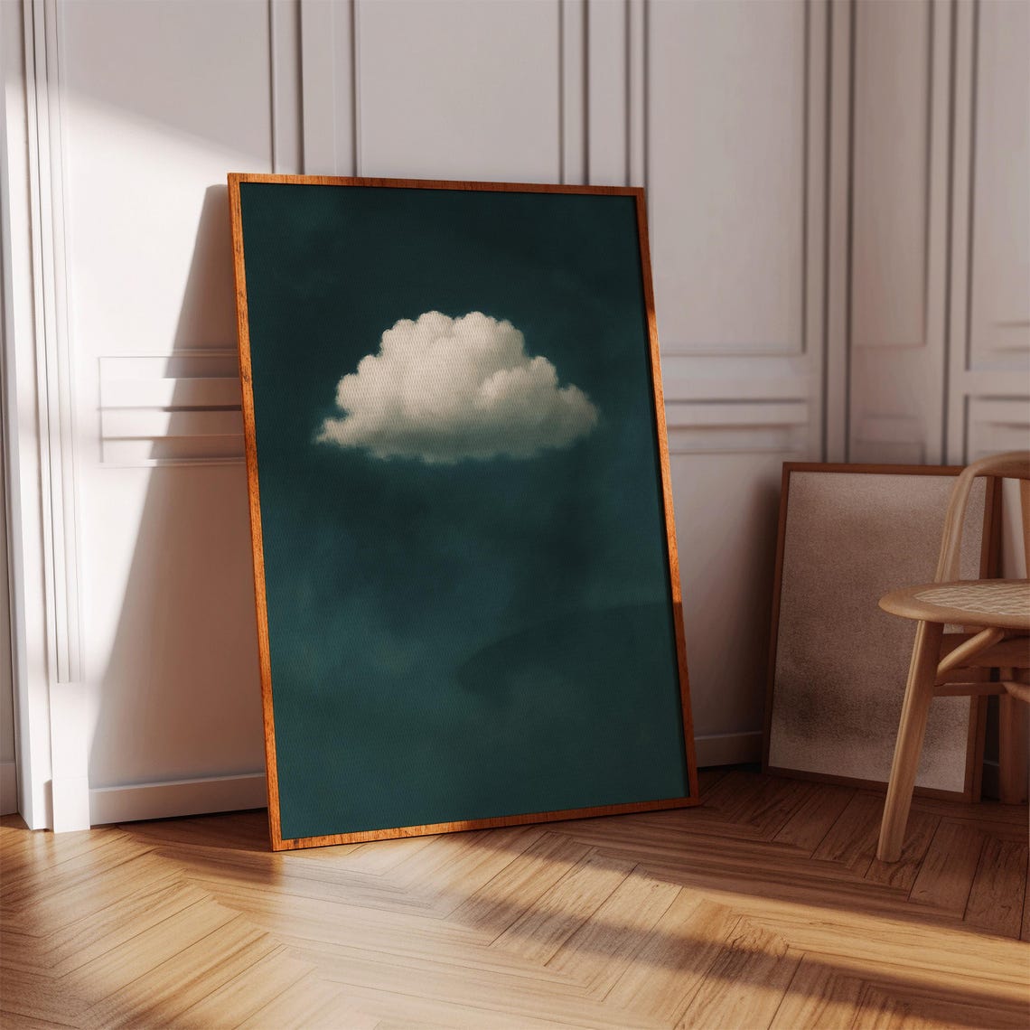 Single White Cloud on Teal Sky Minimalist Surreal Art Poster