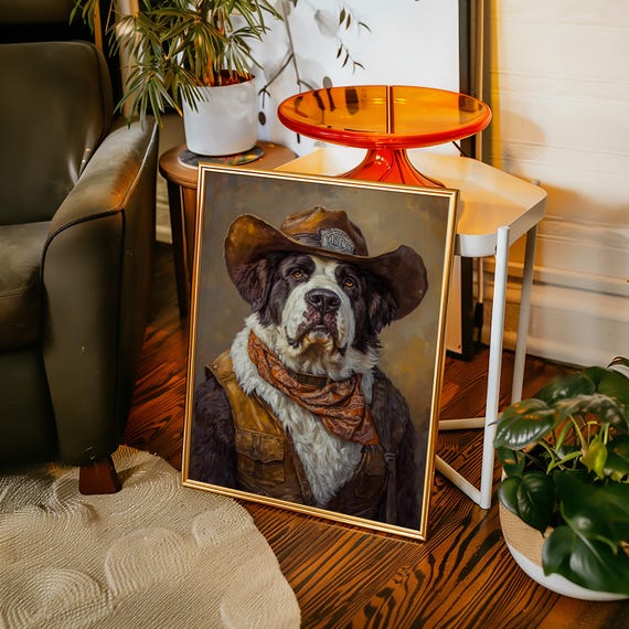 Cowboy St Bernard Wall Art Western Dog Portrait Canvas Funny Sheriff Print For Rustic Farmhouse Country Decor