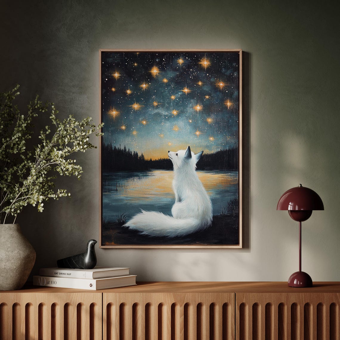 Mystical White Fox Gazing At Starry Sky By Moonlit Lake Poster - Image 7