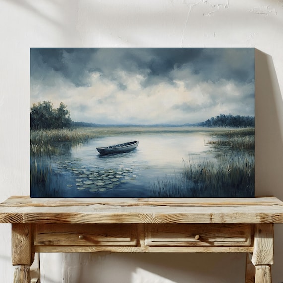Lonely Rowboat On Misty Lake, Vintage Landscape Art Print